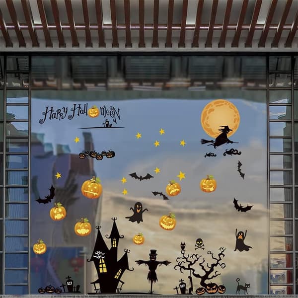 4 ark Halloween Vinduesdekorationer - græskar, flagermus, spøgelse, heks