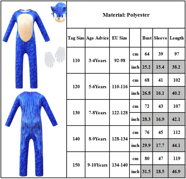 Kids Sonic Cosplay Tecknad Bodysuit Jumpsuit Handskar & Headpiece 150cm