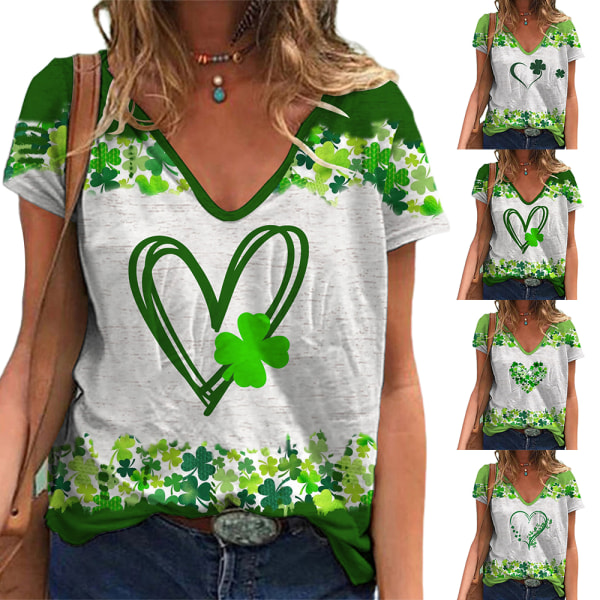 St. Patrick's Day Kvinner V-hals T-skjorte Bluse Casual Løs Topp D 2XL