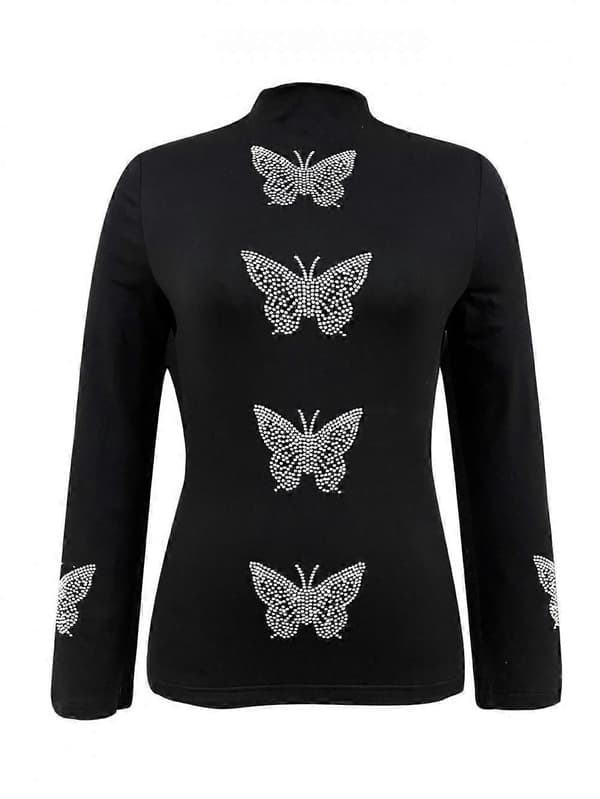 Dame Højhalset Sommerfugl med Diamanter Slim Fit Langærmet Toppe