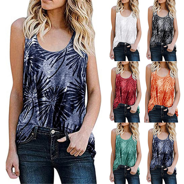 Dame Sommer U-hals Boho print med blomstermønster Casual ærmeløse skjorter Camis, sort（L）