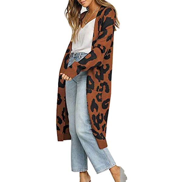 Dam Långärmad Öppen Front Leopard tickad Maxi Cardigan weater Coffee S