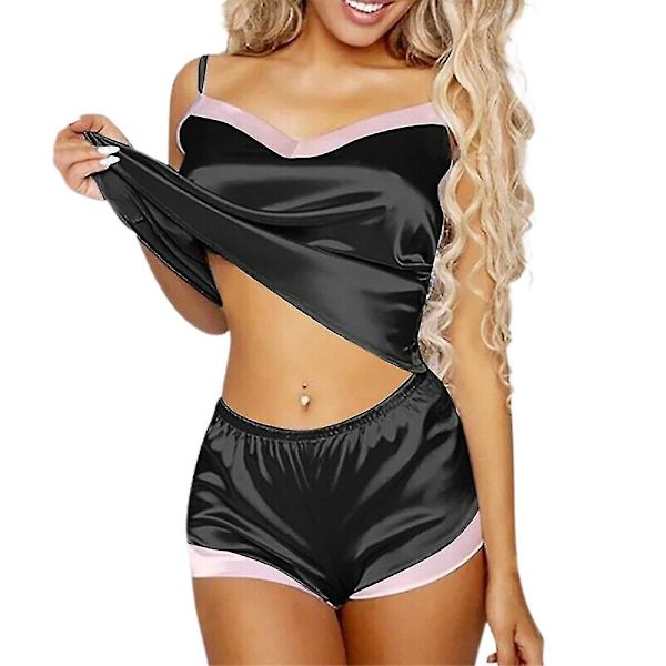 Naisten satiinisilkkinen pitsi Cami alusvaatteet shortsit yöasut nukke pyjama yöasut setti monivärinen valinnainen Black M