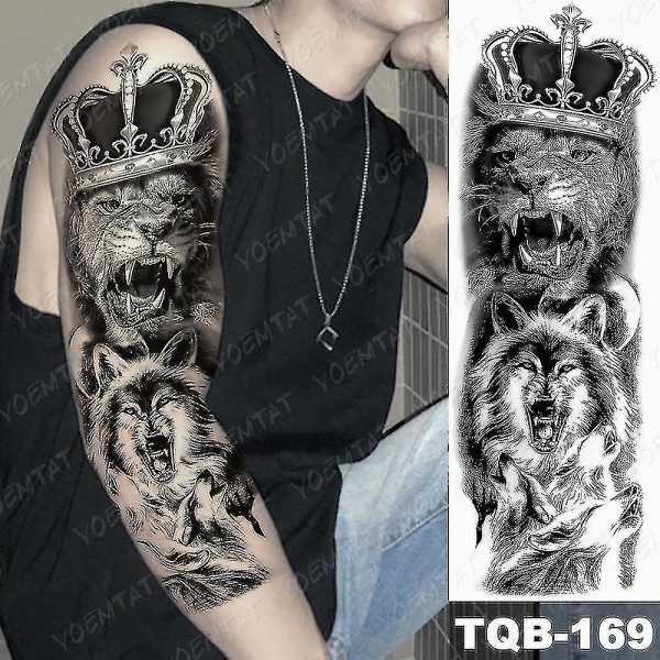 Large Arm Sleeve Tattoo Lion Crown King Rose Waterproof Temporary Tatoo Sticker Wild Wolf Tiger Men Full Skull Totem Fake Tatto_ Ljsm