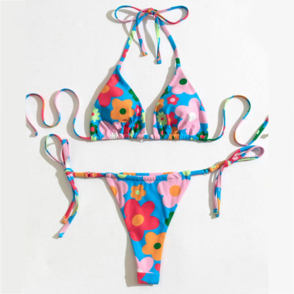 Tvådelad kvinnlig printed mjuk väska Bikini knuten Kvinnor Sexig baddräkt Strandkläder Färgglada Populära Lila badkläder Small green flower M