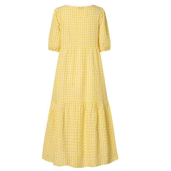 Dame sommerplaid Puffy kortærmet midikjole Yellow,M