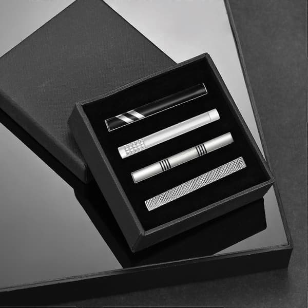Slipsnålar för män, Slipsnålset i klassisk stil i silver för vanliga slipsar, Lyxig presentförpackning, Fyra delar