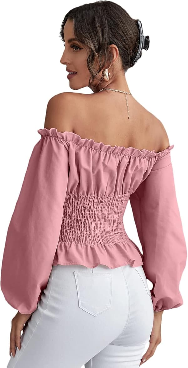 Off Shoulder Ruffle Peplum Korsett Damer Rynkade Puff Långärmade Toppar Blus
