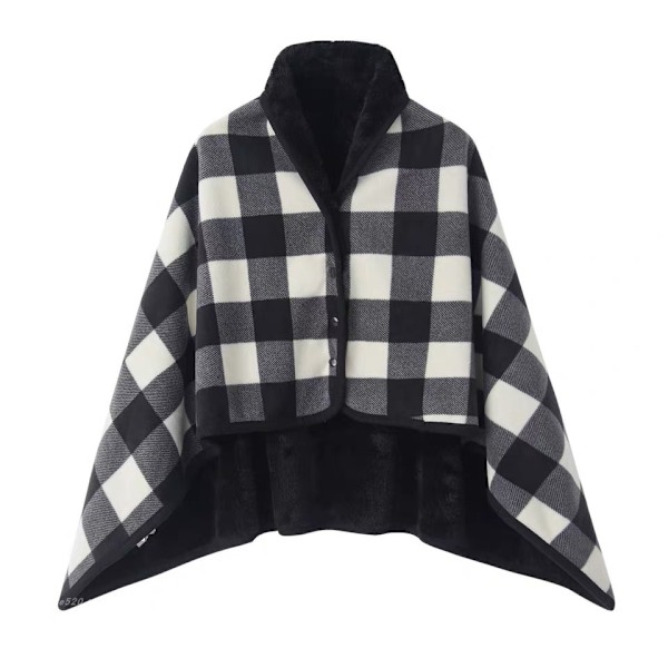 Kvinnors Multiway Rutig Poncho Sjal Wrap Fleece Bärbar Filt Ultra Mjuk Sherpa Flanell Cape（Svart Vit） qd black white