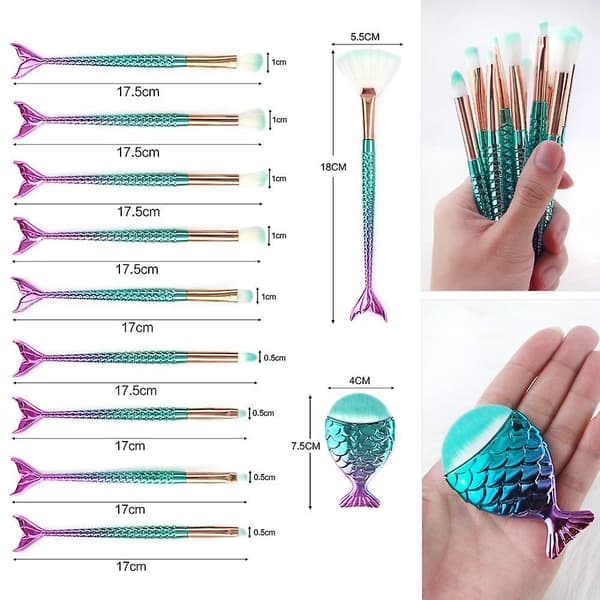 11 st Mermaid Brush Set, pulverkräm Eyeliner Kosmetisk dölja (Multicolor A)