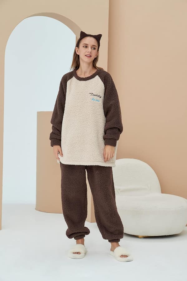 Dam Fluffy Pyjamas Set Fleecetröja byxor Lös plysch