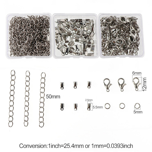 3 lådor, blandat karbinlås + litet klämma + enkelt spänne + förlängningskedja DIY smycketillbehör - silver