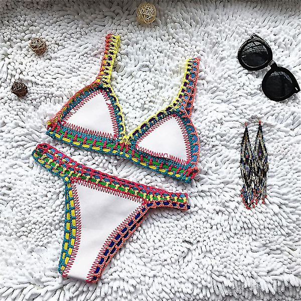 Virkade badkläder för stickade baddräkter för kvinnor Neopren Bikini Beachwear Boho stil baddräkt tvådelade baddräkter Black A L