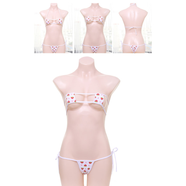 Damer Strawberry Print Underkläder Erotisk Square Cup Micro BH Thong Cosplay Bikini
