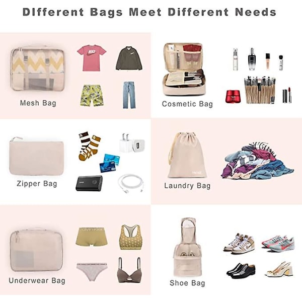 9 set packningskuber Bagagepackningsorganisatorer för resetillbehör beige