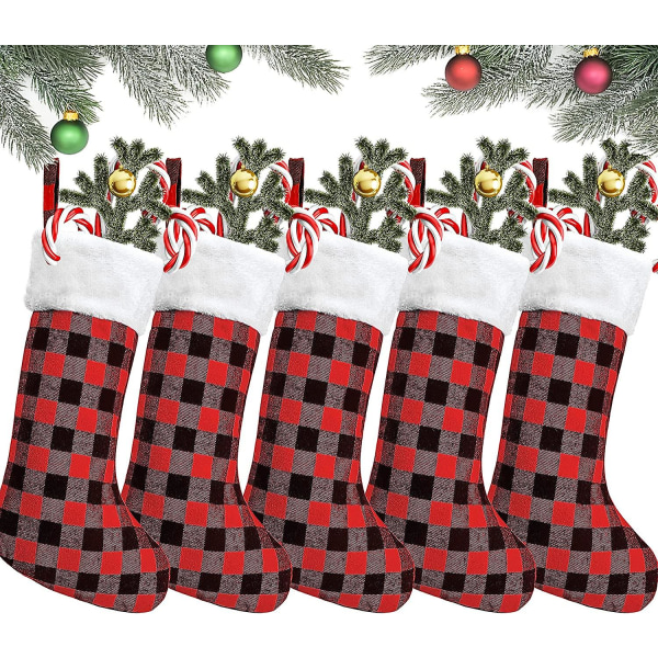 Julstrumpor - 16,5 tums röda och svarta buffelplädade julstrumpor prydnad med plysch