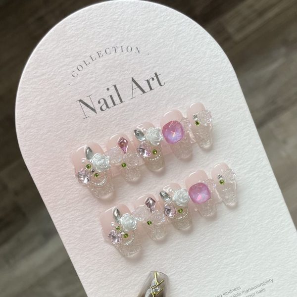 10 stk Ren manuell falsk negl Camellia Love Diamond Håndlaget M MShort