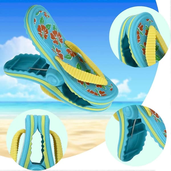 Strandhåndkleklemmer til stol, Jumbostørrelse klesklyper i plast til solseng, Sikre klemmer til strandstoler (Flip-flops 2 STK)