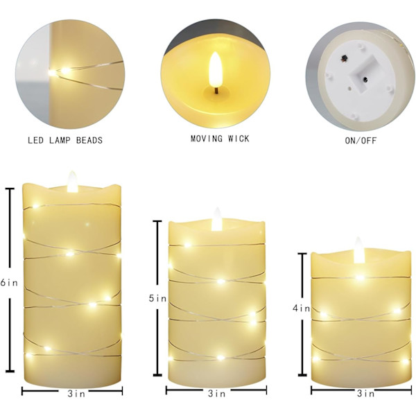 LED-ljus 11-knapps fjärrkontroll elektroniskt ljus 24 timmars timerfunktion blinkande låga ljus 3-delat set (elfenben co