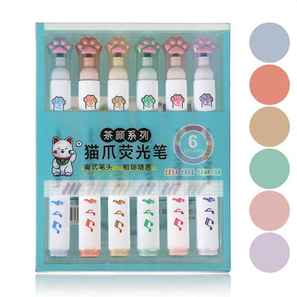 6 stk/sett e Cat Paw Highlighter Soft Oblique Nib Student Drawin B