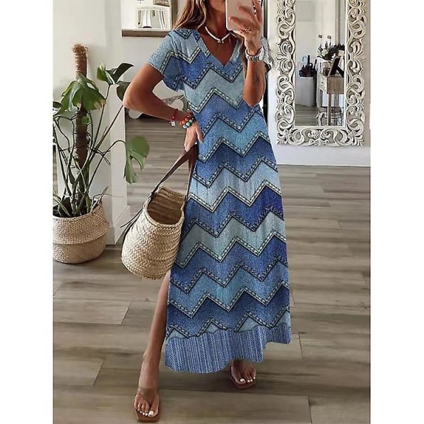 Kvinder Printet Kortærmet V-hals Maxikjoler Side Slids Sommer Ferie Fest Casual Lange Kjoler Wave Pattern XL