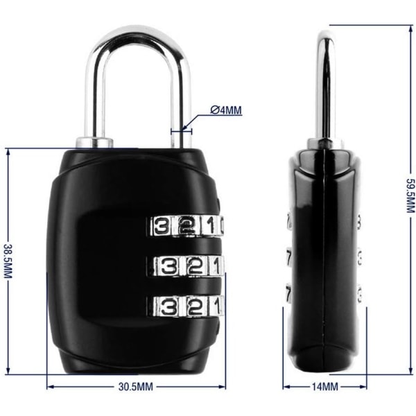 4-pack 3-siffrigt bagagelås, litet kombinationshänglås Kodlås för resväska resväska väska skåp (4 färger)