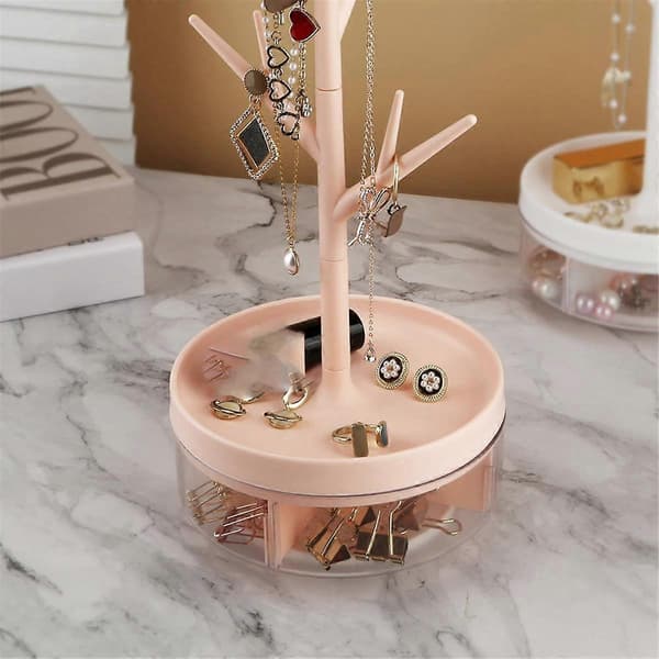 Smyckesställ med grenar, roterbar bas och förvaringslåda, trädformad hängande organiserare, rosa