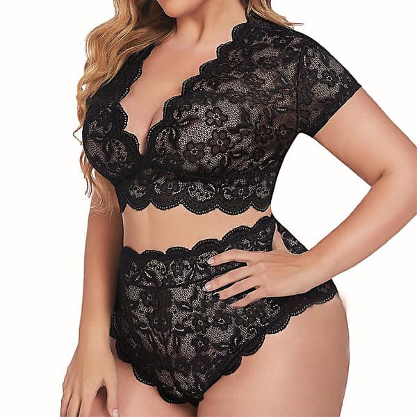 Plus Size Dam Spets Underkläder Set Top Trosor Underkläder Nattkläder Nattkläder Black 2XL