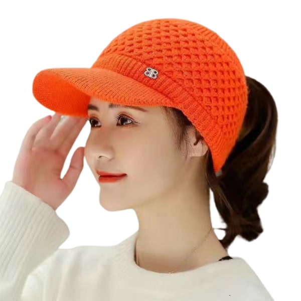 Stickad mössa Tom topp plyschfoder Casual Toppad Stretchig Håll dig varm Enfärgad Höst Vinter Dam Cap för utomhusbruk Orange