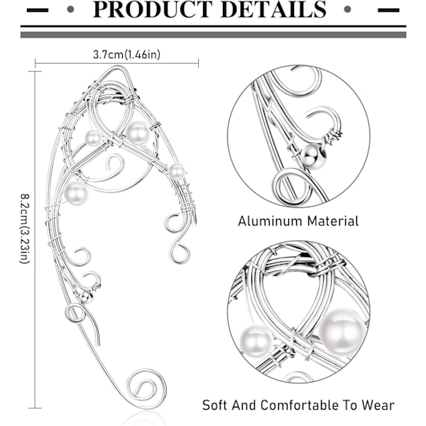 Elf Ear Cuffs Håndlavede Clip-on øreringe Håndlavet Udhulet Blad Perle