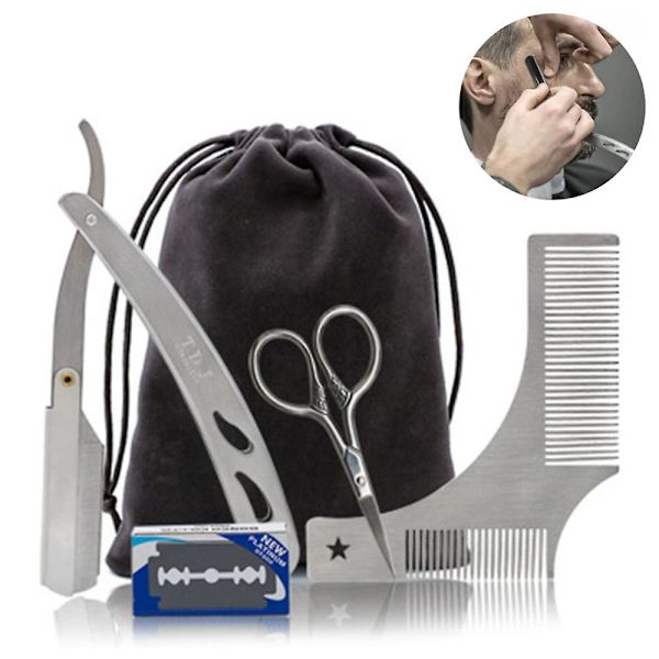 Premium skægsæt til mænd med barberkniv og skægstyling skabelon