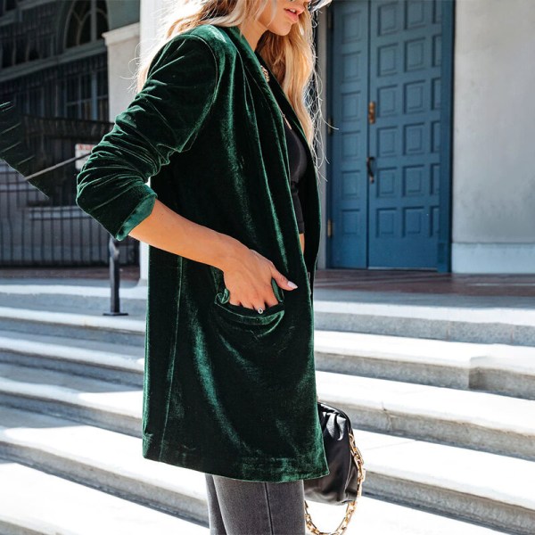 Langærmet dame i ensfarvet overtøj med lommer Cardigan Blackish Green XL