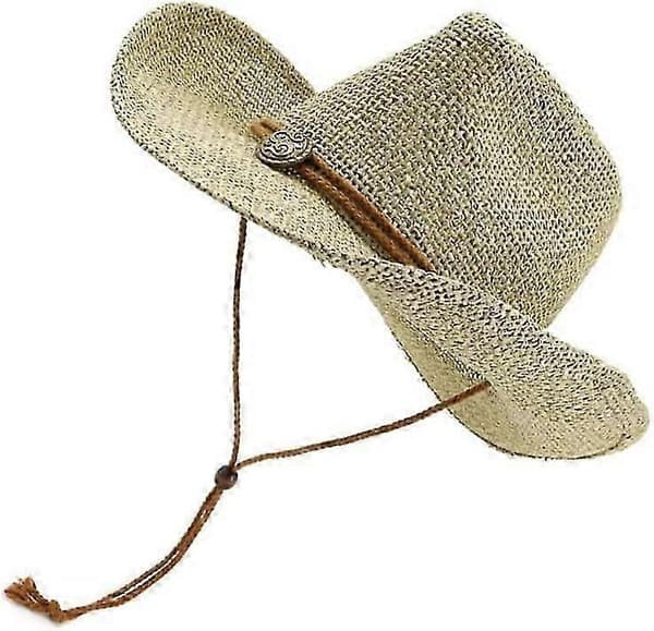 Udendørs Cowboy Stråhat Bred Skygge Solhat med Vindstrop Åndbar Afslappet Strandhat (Khaki)