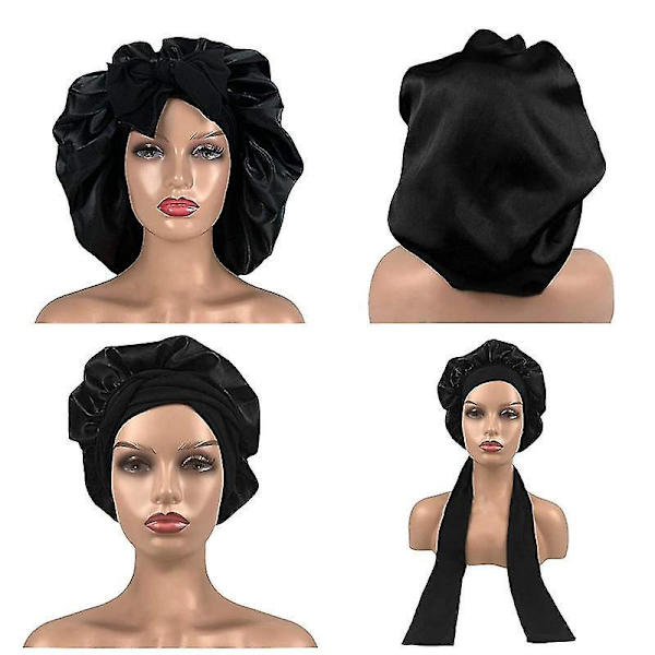 Silk Bonnet Satin Bonnet For Sleeping Bonnet With Tie Band Night Cap black