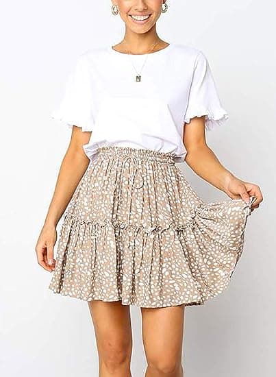 Print för kvinnor med hög midja volang Boho-minikjol (khaki, M)