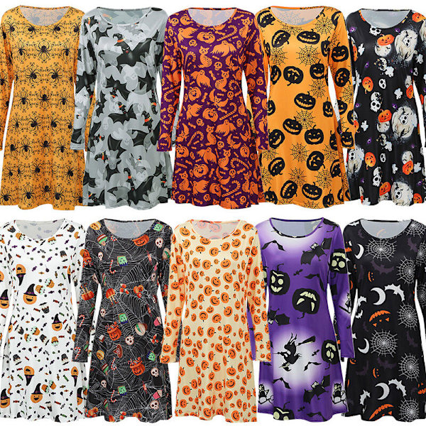 Ny Kvinde Halloween Kjole Græskar Flagermus Print Langærmet Rundhalset Party A-Line Skater Flare Mini Flare Kjole, Model:4-M