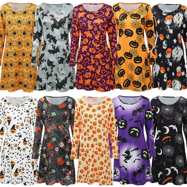 Ny Kvinna Halloween Klänning Pumpa Fladdermöss Print Långärmad Rundhalsad Party A-Line Skater Flare Mini Flare Klänning,Modell:4-M
