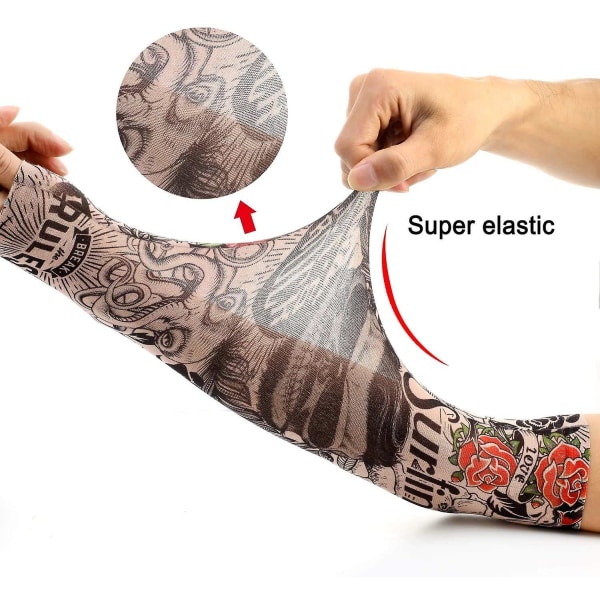 Armtatueringsärmar, 6-pack män falska tillfällig tatuering Nylon Armstrumpor Elastisk Biker Sleevelet för Halloween