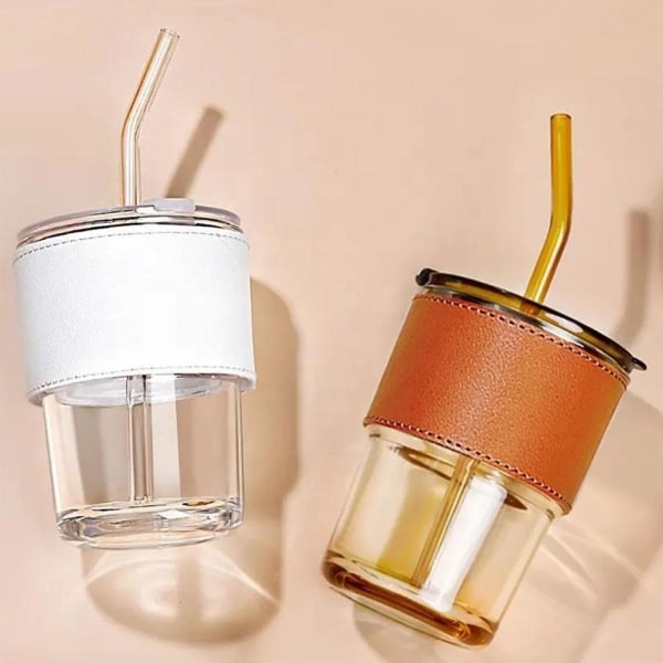 Lock och sugrör Transparent Bambu Cup Mjölk Kaffe Mugg Tea Cup Str amber 400ml