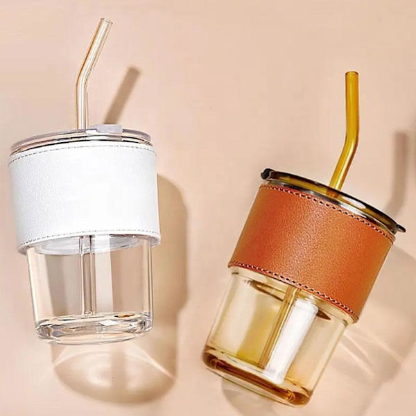 Lock och sugrör Transparent Bambu Cup Mjölk Kaffe Mugg Tea Cup Str transparent 400ml