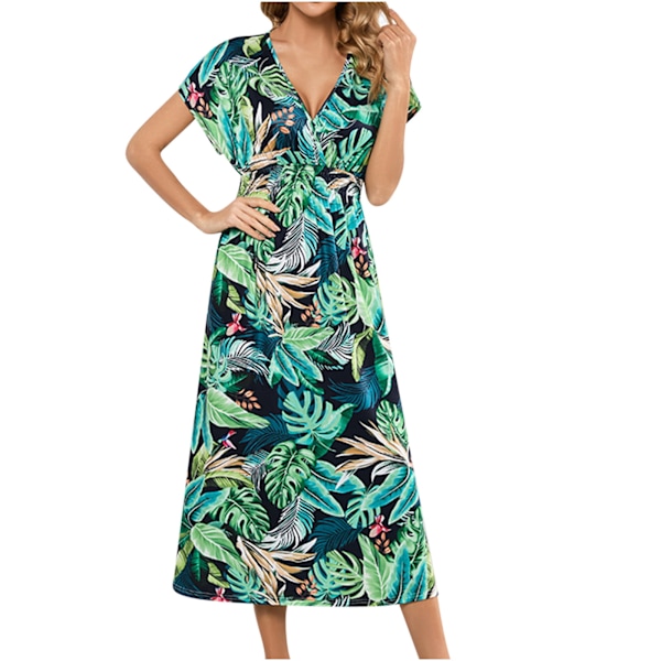 2023 Sommerkjole Dame Sommermode Bat-wing ærme V-udskæring Åben ryg Print Strandkjole SunDress Linned Kjole, Grøn, XL