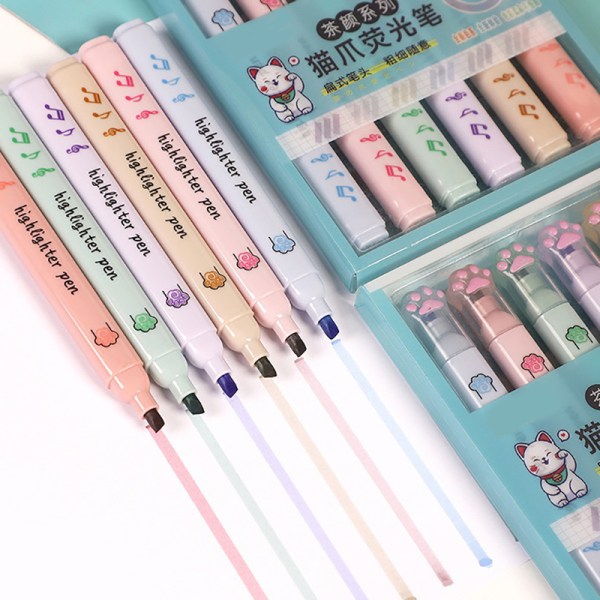 6 stk/sett e Cat Paw Highlighter Soft Oblique Nib Student Drawin A