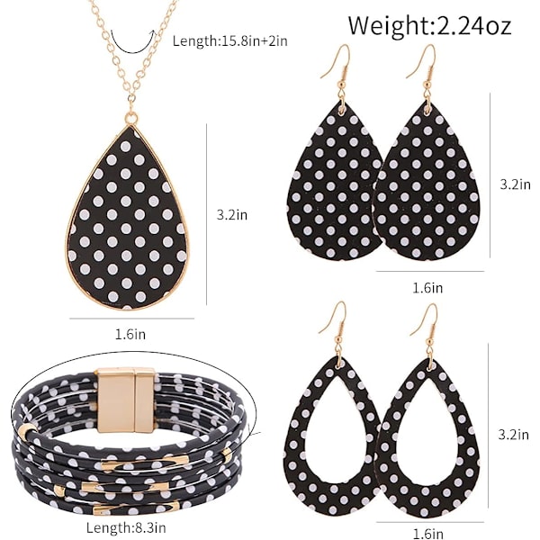Sæt til kvinder, ternede læderøreringe Halskæde Armbånd Leopard smykker