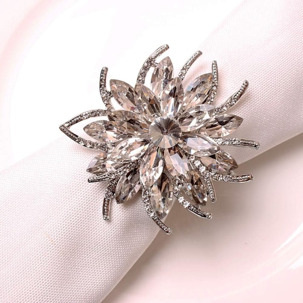 Sølv Rhinestone Servietringe - Sæt med 6 krystalblomst servietringe