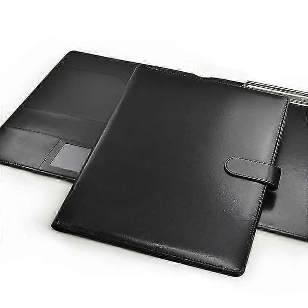 Sort kunstlæder A4 mappe - A4 clipboard med klips til konference - Sammenfoldelig folio med lommer til dokumenter, kortholder og notesblok - Til mænd og kvinder