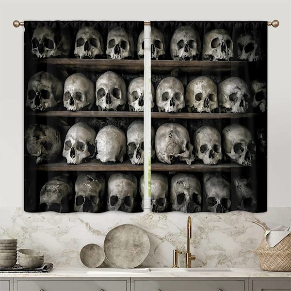 Köksgardiner Skull Halloween Topper Kort Panel Dekor Draperier Style-6 W:28"x H:47"*2 Panels