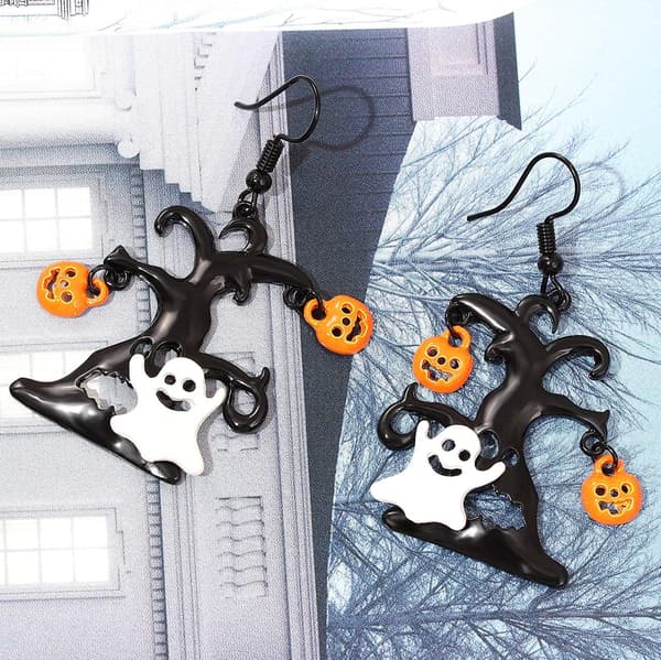 Örhängen Halloween Black Tree och White Ghost Drop örhängen för kvinnor
