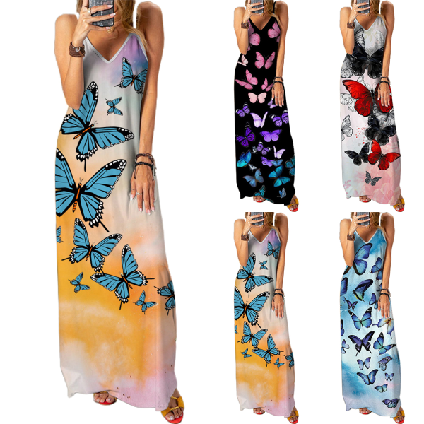 Naisten mekko 3D Butterflies Print Tyylikäs pitkä mekko juhliin A L