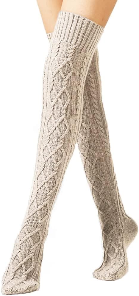 #Dames Lange Strikket Strømper - Beige, Vintervarme Lårhøje Strømper, Kvinder#