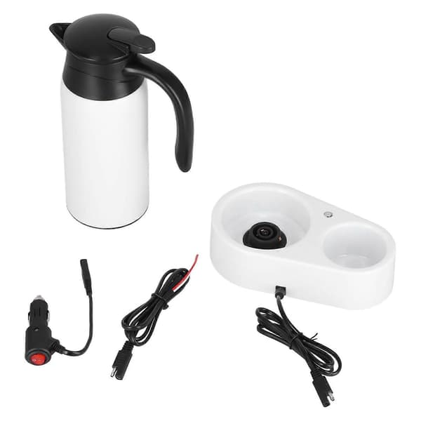 800 ml bærbar elektrisk bilkoker, vanndispenser til bil med hvit base, silikonforseglingsringlokk for reise, kokende vann, hvit